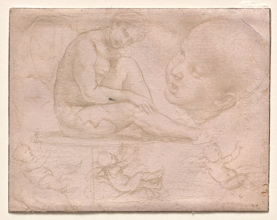 Studies of a Seated Female, Child's Head, and Three Studies of a Baby — Raphael
